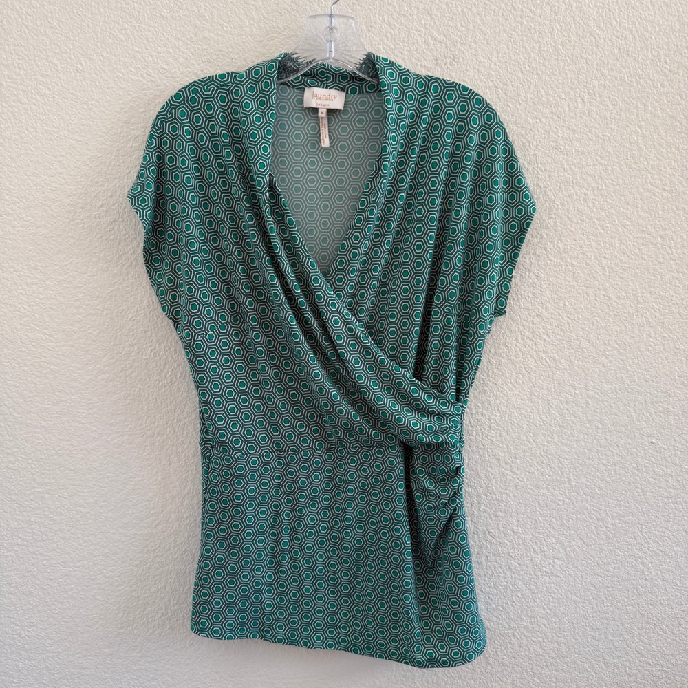 Laundry by Shelli Segal Green Hexagon Geometric Wrap Front Blouse Top Size M